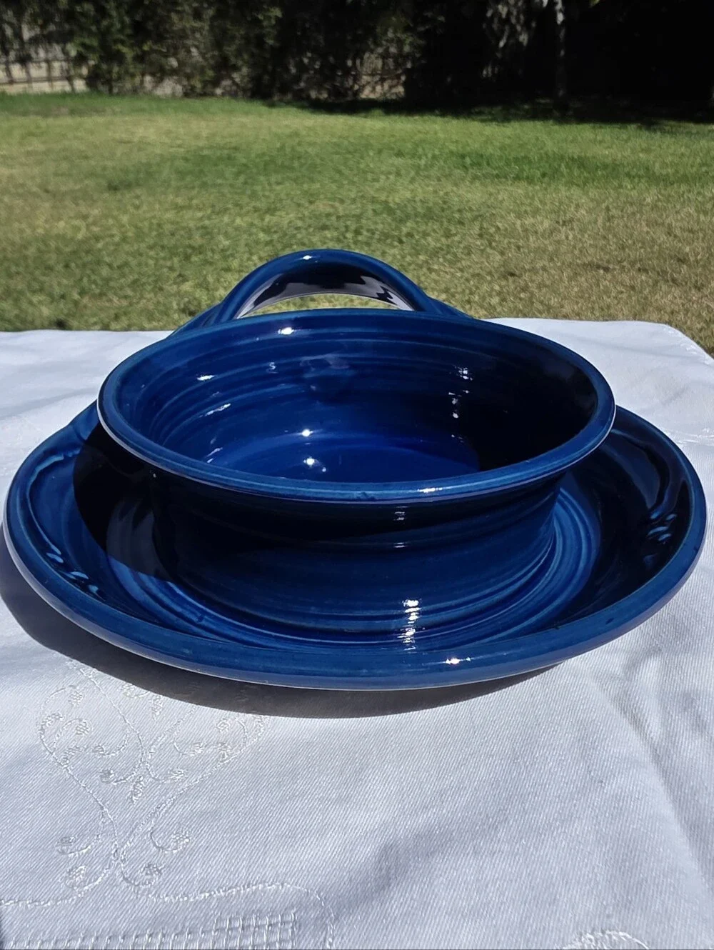 VTG Signed Studio Pottery Cobalt Blue Hand-Handled Condiment Server Basket